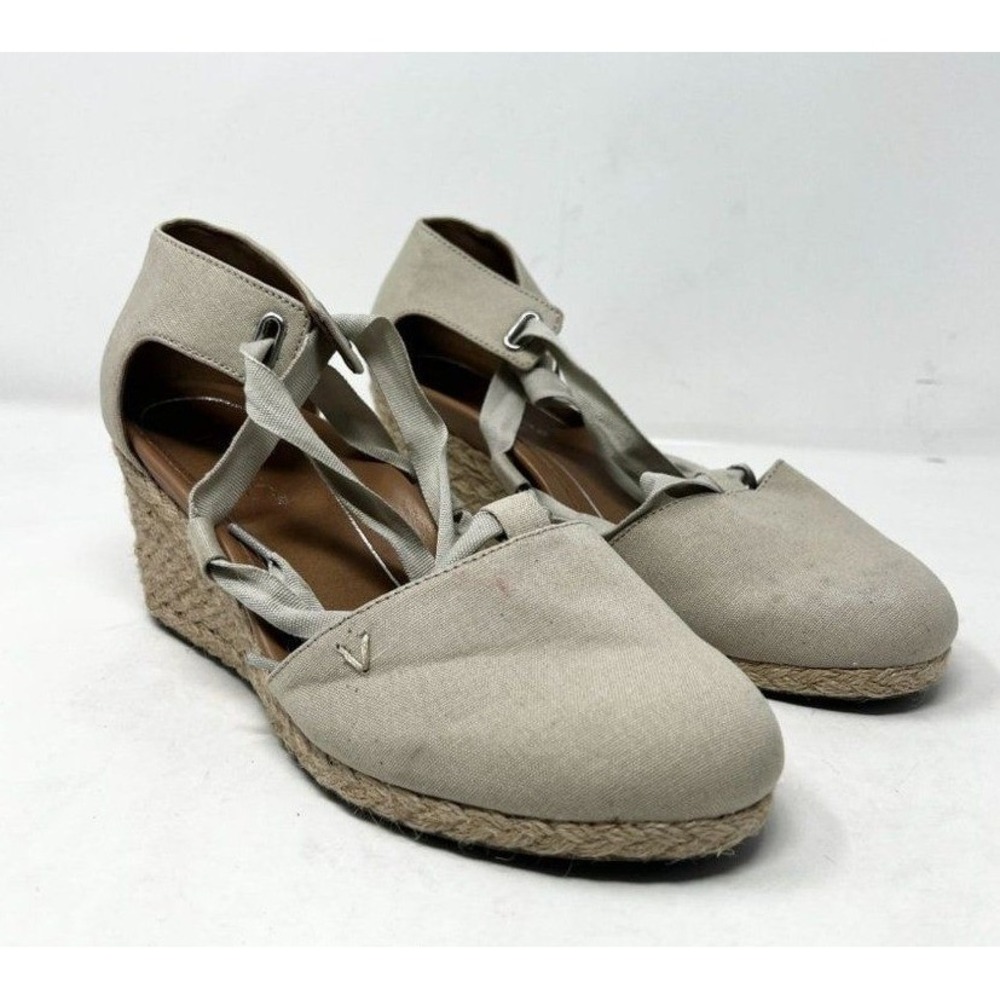 Vionic Kaitlyn Beige Canvas Lace Up Wedge Espadrille Sandals Womens 9.5‎